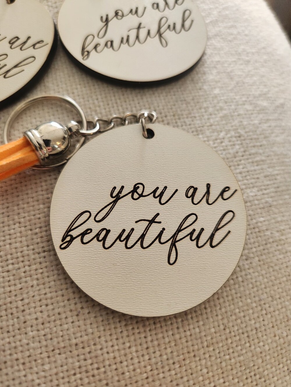 You Are Beautiful Round Tassel Keychain - White with Pink/Orange/Brown Tassels - Picture 2 of 4